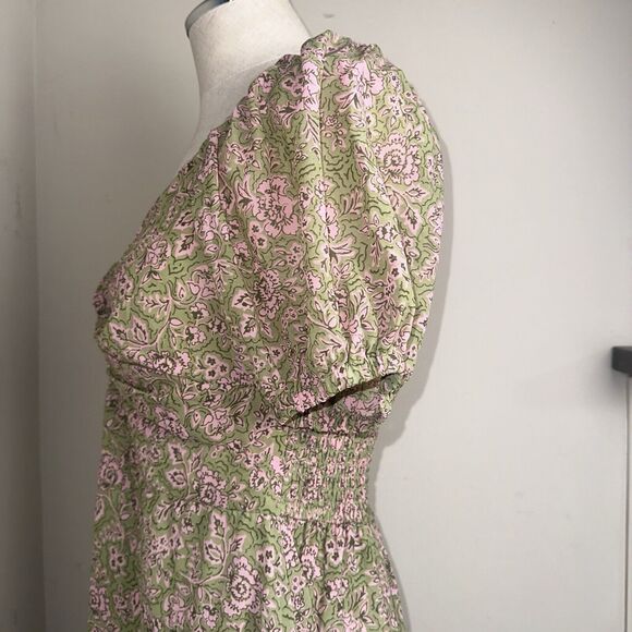 NWT Japna Olive Green Pink Floral Smocked Dress Puffy Sleeves Sz Xtra Large XL - Picture 6 of 8